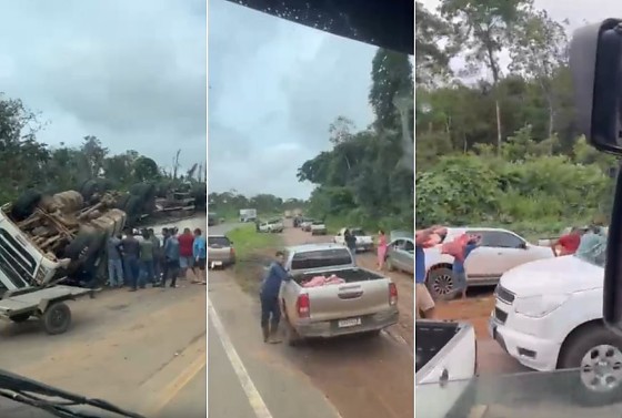 CARGA DE CARNE É SAQUEADA APÓS CAMINHÃO TOMBAR EM MT