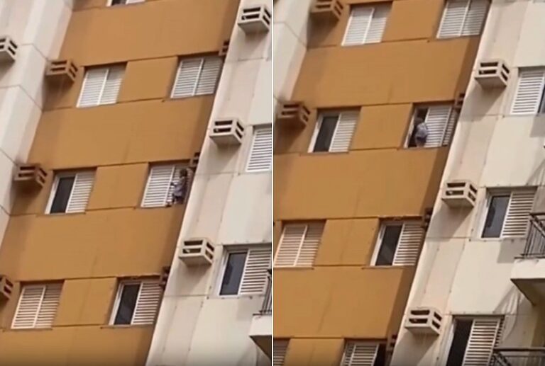VÍDEO MOSTRA CRIANÇA ANDANDO DO LADO DE FORA DE JANELA EM APARTAMENTO EM MT